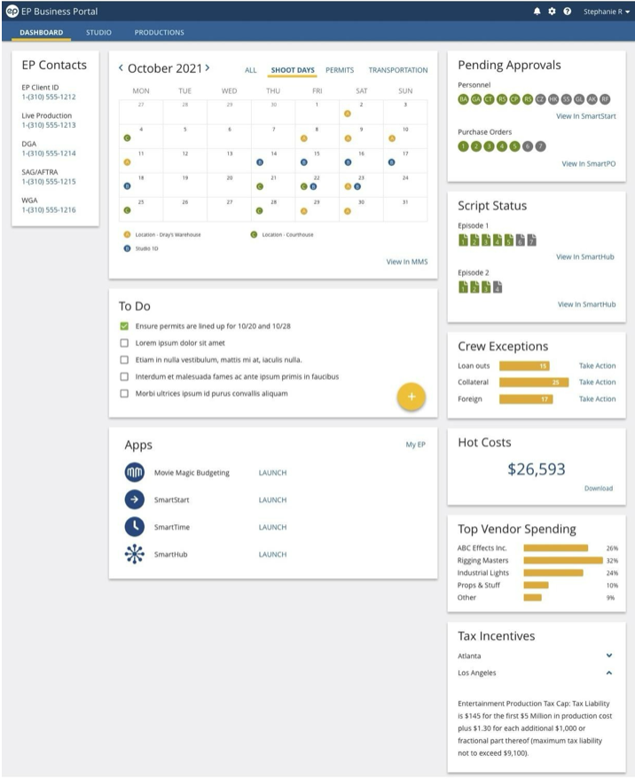 Single-show focused view — calendar, approvals, script status, hot costs, vendor spend.