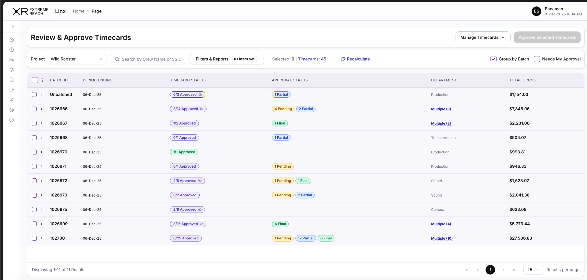 Redesigned Manage Timecard Batches view