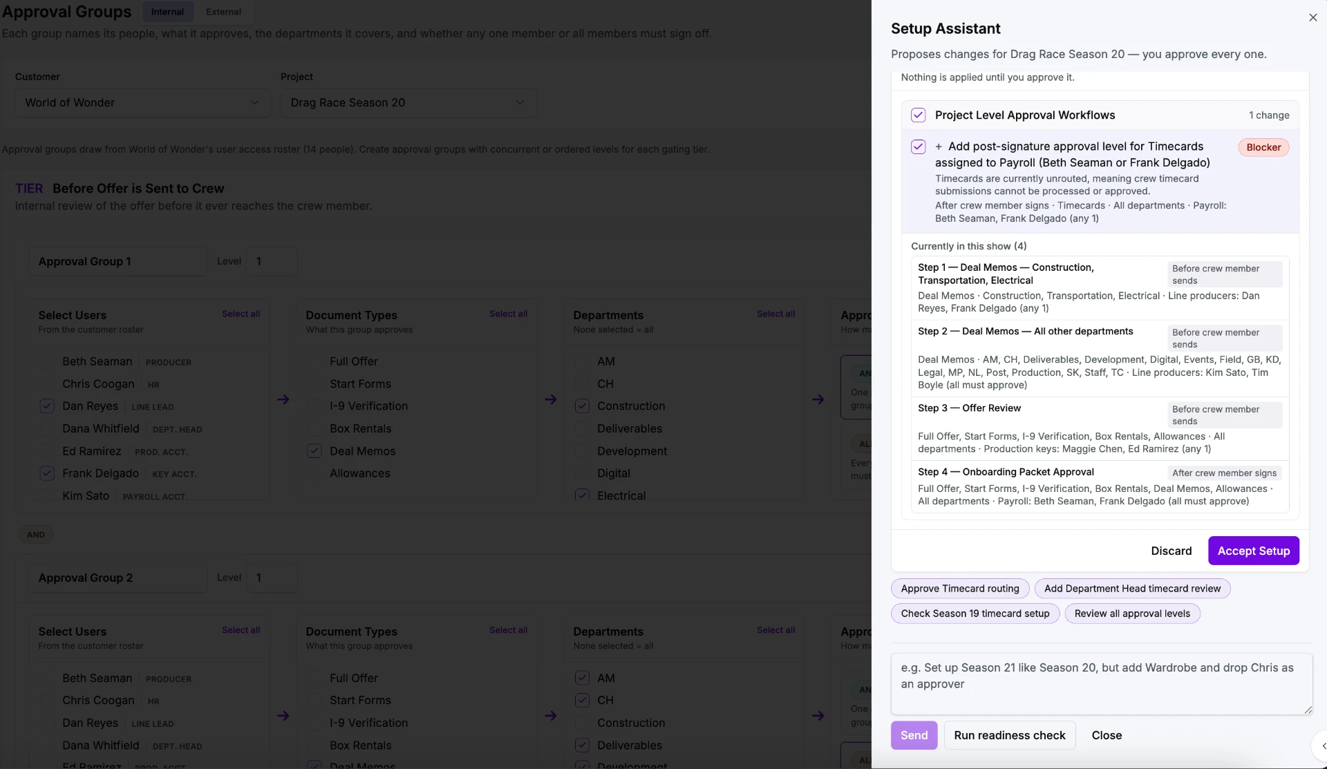 Setup Assistant proposing and validating approval workflow changes