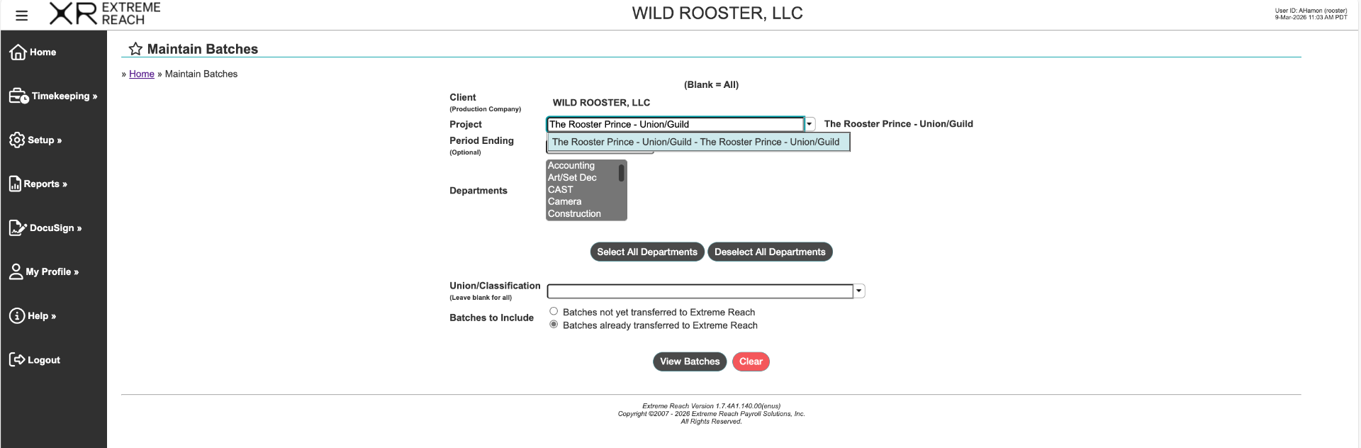 Legacy Manage Timecard Batches view