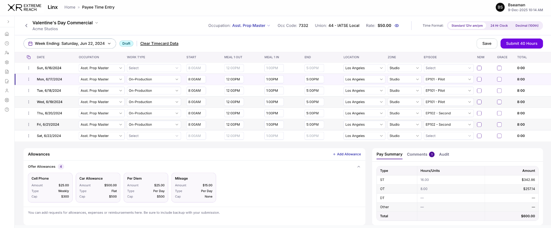 Redesigned Payee Timecard view