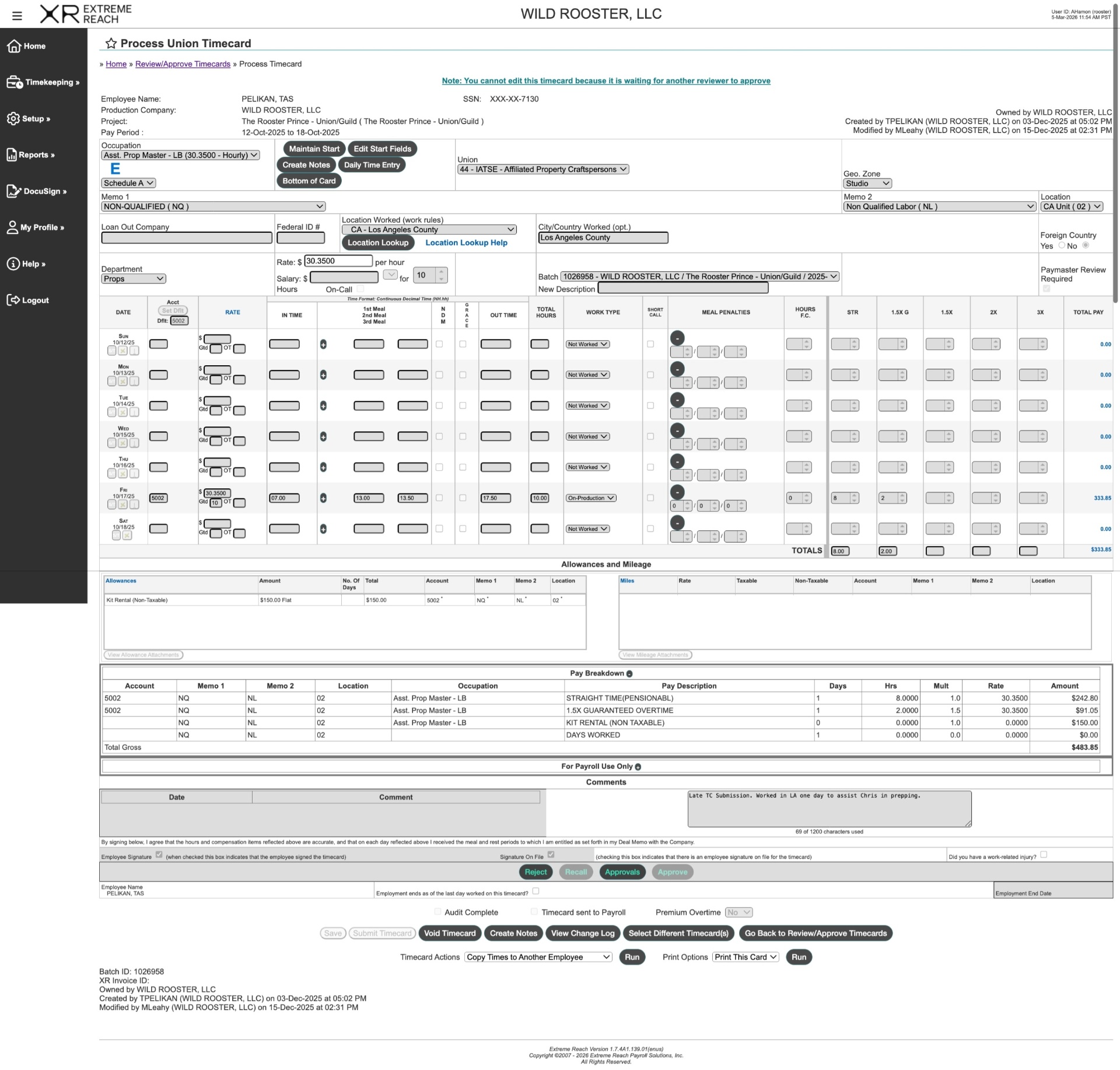 Legacy Union Timecard view