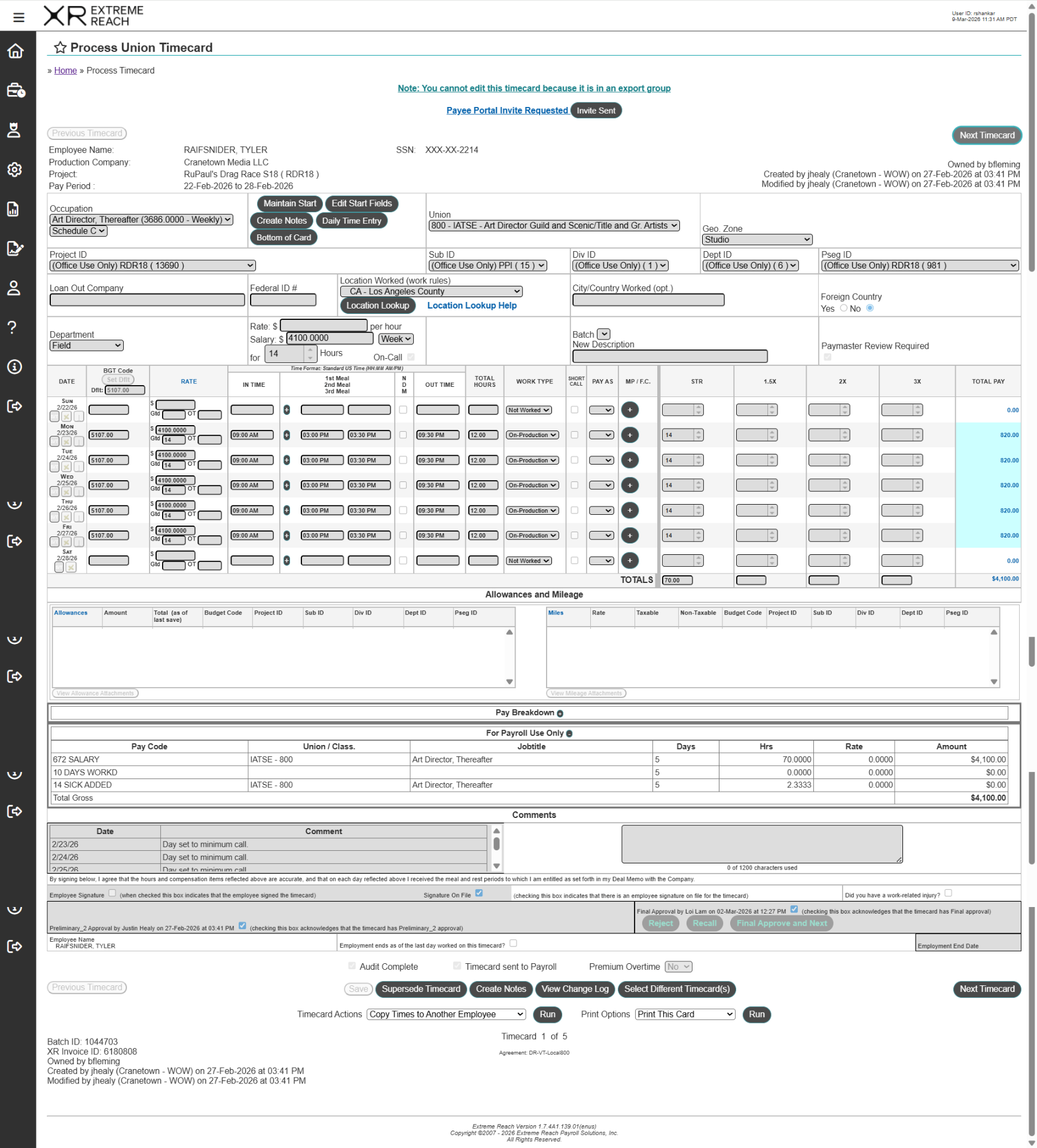 Legacy Payee Timecard view
